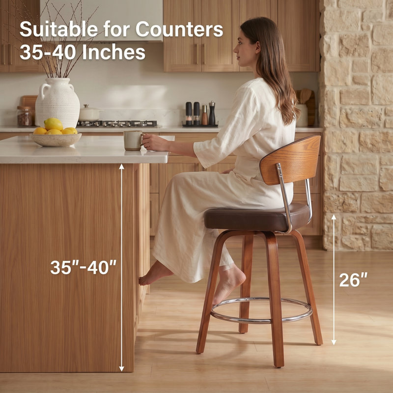 Swivel Coffee Bar Stools Set of 3, 26" Upholstered Counter Height Bar Stools with Back and Wood Legs, Faux Leather Modern Barstools for Kitchen Counter