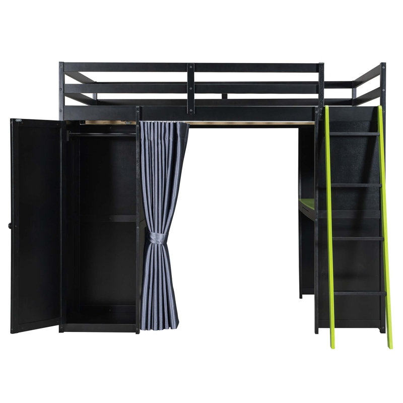 Lit mezzanine double en bois avec poste de travail, armoire et étagères, Noir; vert