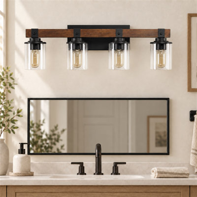 Applique murale rustique à 4 lumières avec accents en noyer et abat-jour en verre transparent