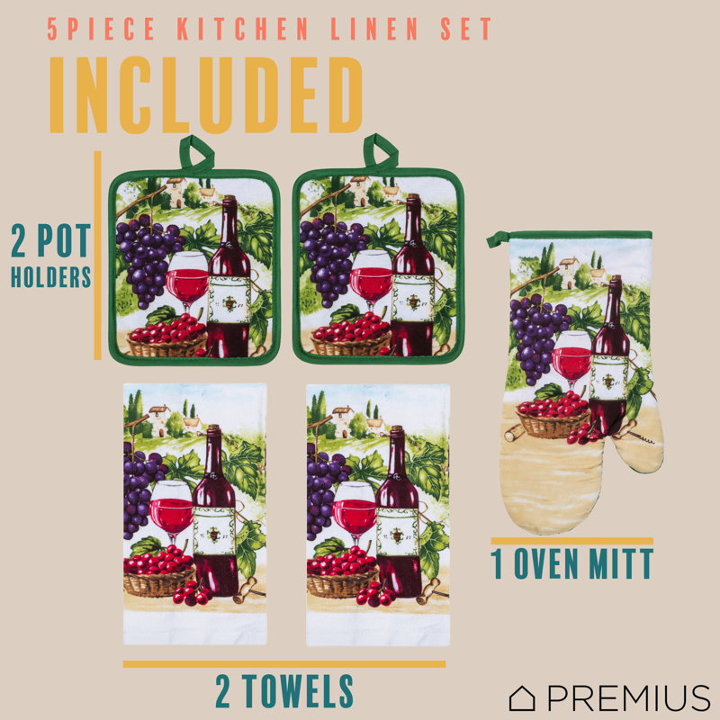 Ensemble de linge de cuisine imprimé 5 pièces PREMIUS, vin, 2 serviettes en coton, 2 poignées, 1 gant de cuisine