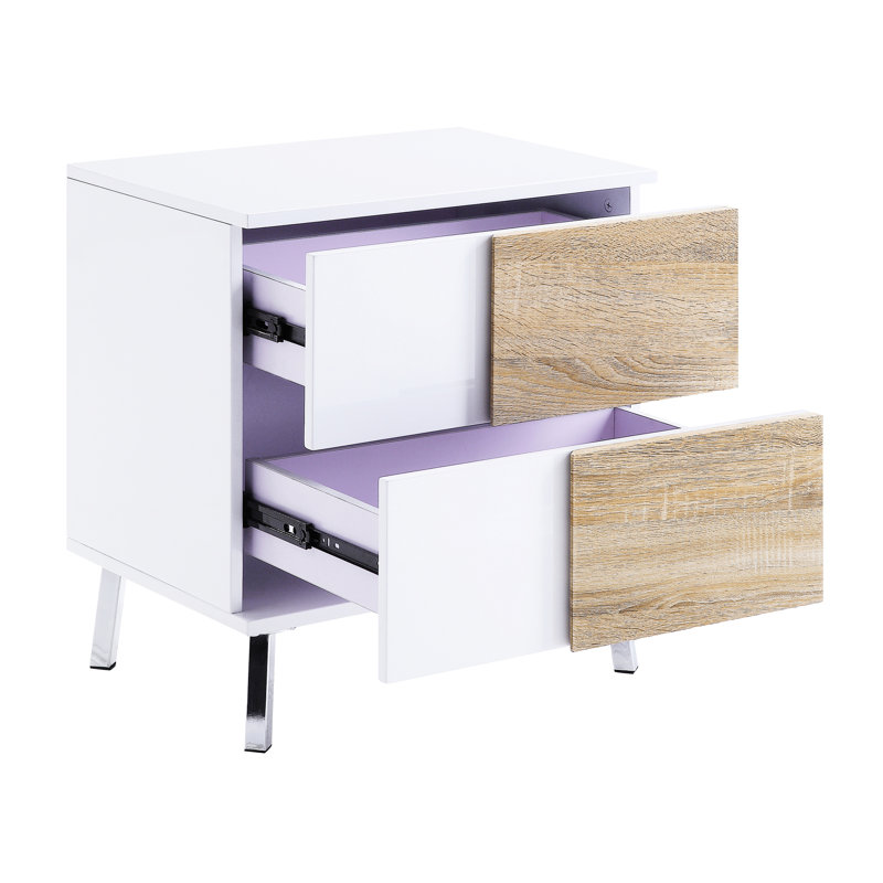 Table de bout fonctionnelle avec 2 tiroirs, blanc brillant et naturel