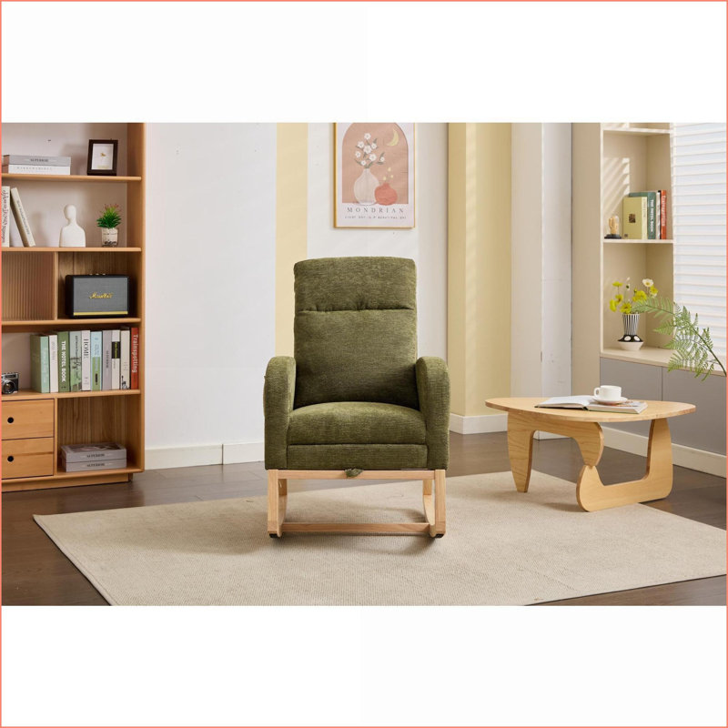 Fauteuil berçant et berçant moderne avec pieds en bois massif, dossier haut | Mélange de polyester, poche latérale, Vert