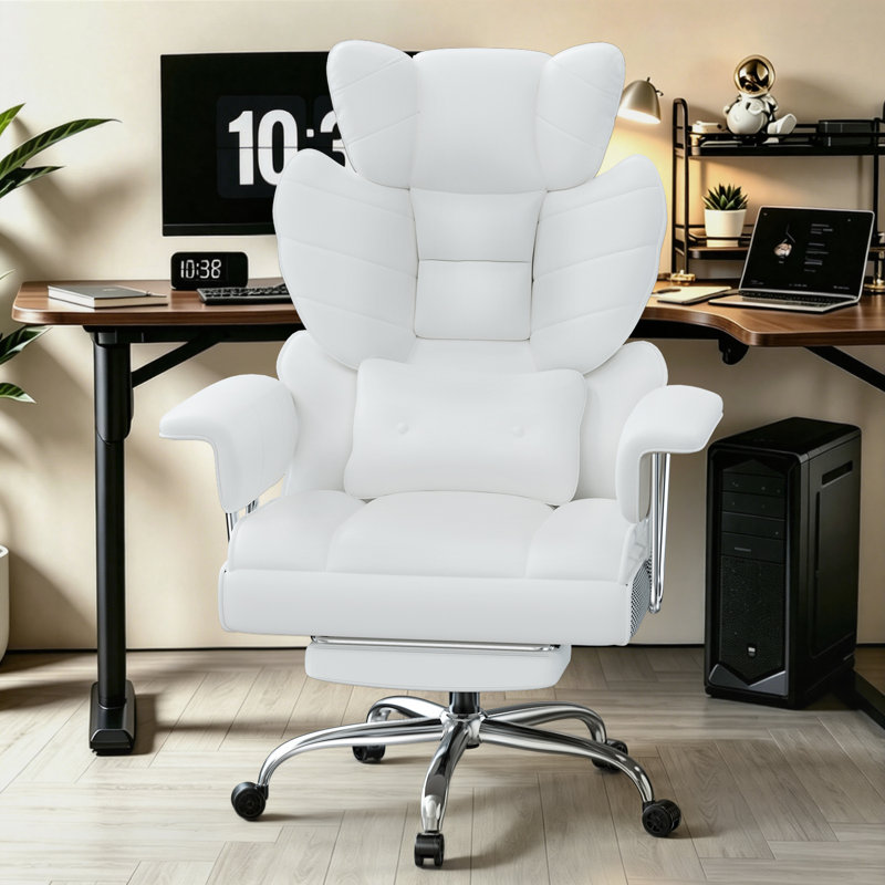Ergonomic High Back Executive Office Chair with Retractable Footrest, Lumbar Support and Adjustable Height, White