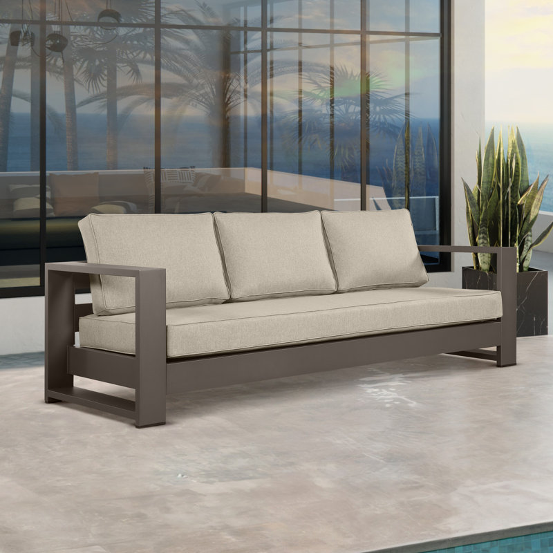 Hoyt 92.52” Outdoor Aluminum 3-Seater Sofa, Bronze, Khaki, No