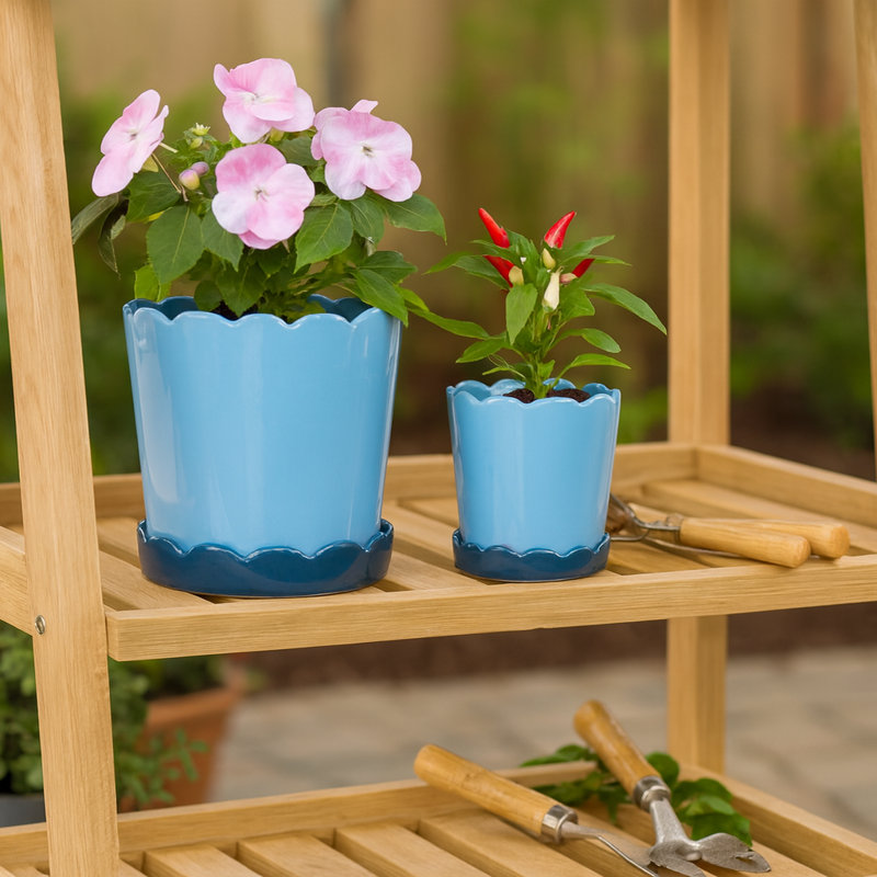 Jardinières décoratives émaillées avec soucoupes pour l'intérieur et l'extérieur de la terrasse - Pots de fleurs festonnés décoratifs pour le salon - ensemble de 2, 8 ", 7"