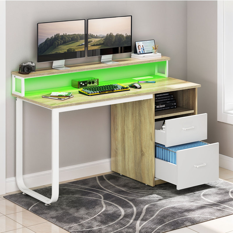  47 Inch Computer Desk With Power Outlets & LED Lights, Home Office Desk With Monitor Stand And Storage Drawers, Light Wood