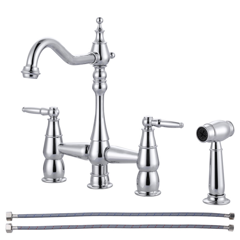 Double Handle Bridge Kitchen Faucet With Faucet-side Sprayer In Polished Chrome, Polished Chrome
