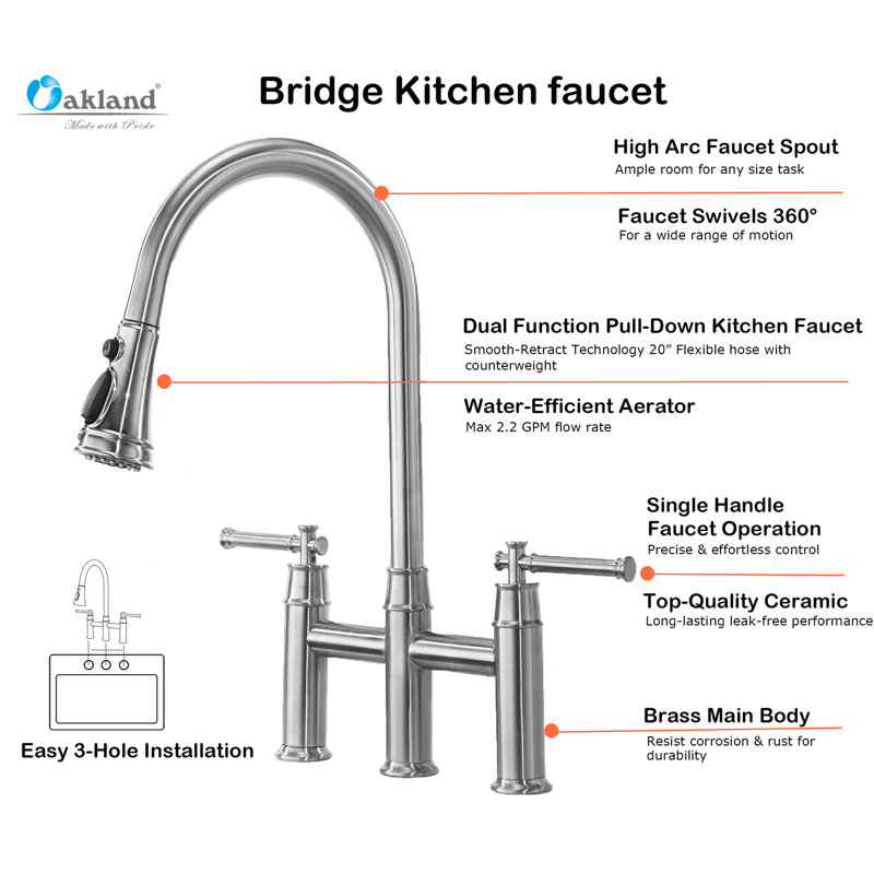 Pull Down Bridge Kitchen Sink Faucet, Two Handle Kitchen Faucet, Brushed Nickel