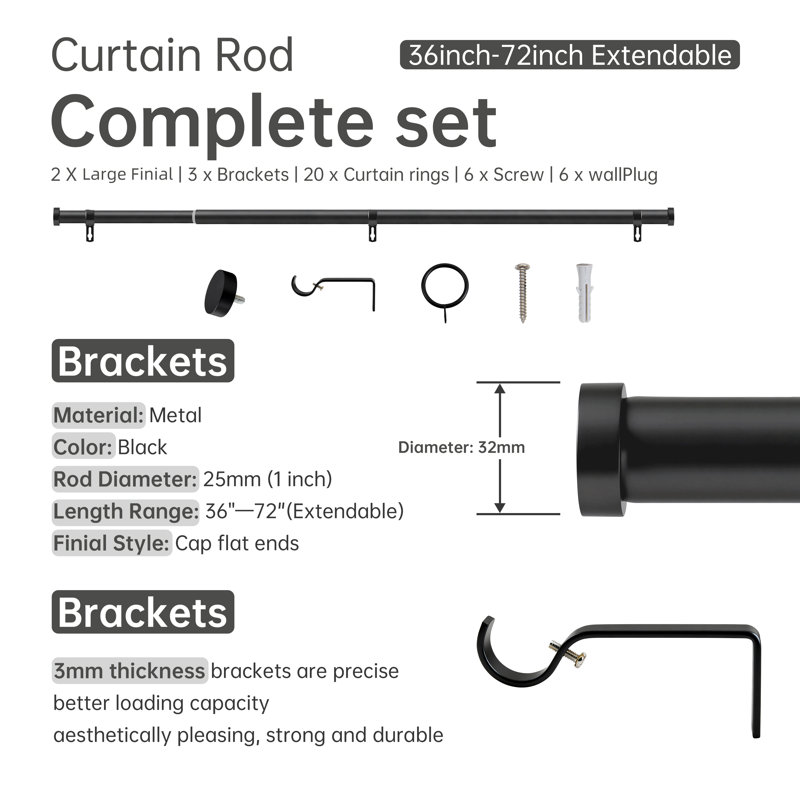 Tringle à rideaux 1 pouce avec embouts en aluminium Keneil, Noir, 36" – 72"
