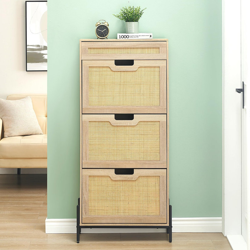 Rattan Shoe Storage Cabinet with 3 Flip Drawers & 1 Small Drawer – Narrow Freestanding Shoe Organizer with Adjustable Shelves and Anti-Tip Safety
