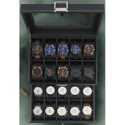 20 Slot Watch Box for Men, 2 Layers Lockable Watch Case with Glass Lid, Large Capacity Watch Storage Organizer, Luxury Watch Display Case with Leather Finish