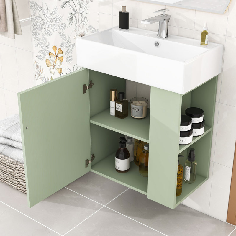 Maurice Modern Floating Bathroom Vanity with Ceramic Sink, Wave-Patterned Door and Storage Shelves, Green