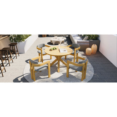 Ensemble de salle à manger 5 pièces pour l'extérieur en bois d'acacia rond, table de patio en bois massif avec 4 chaises de baril, sièges et dossiers rembourrés, ensemble de conversation de jardin moderne, coussin gris