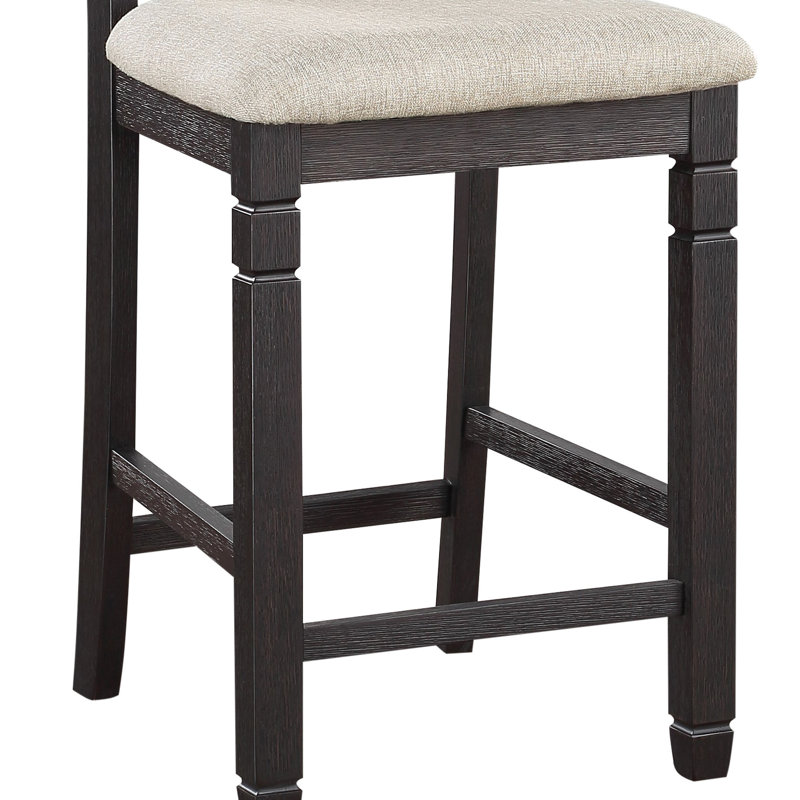 2 chaises de hauteur comptoir en bois noir, 2 chaises avec revêtement en tissu texturé beige, structure et siège en bois