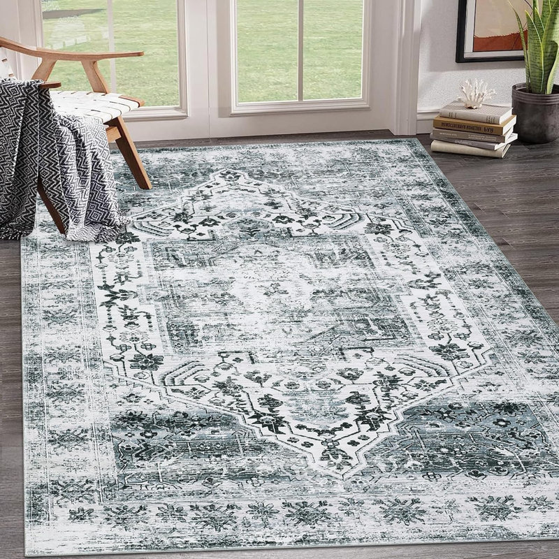 Rug Kitchen Hallway Entryway – Vintage Floral Oriental Design Non-Slip Stain Resistant Low Pile Floor Covering (Blue)