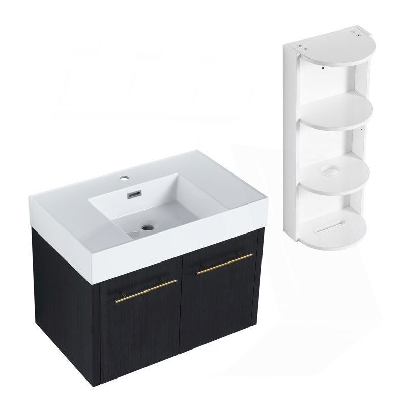 Meuble-lavabo mural de 30 po avec lavabo et support de rangement, lavabo en résine à rebords épais, ensemble KD