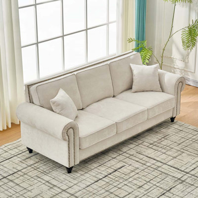 Chenille Sofa with Rolled Arms,Wood Legs and Nailhead Trim