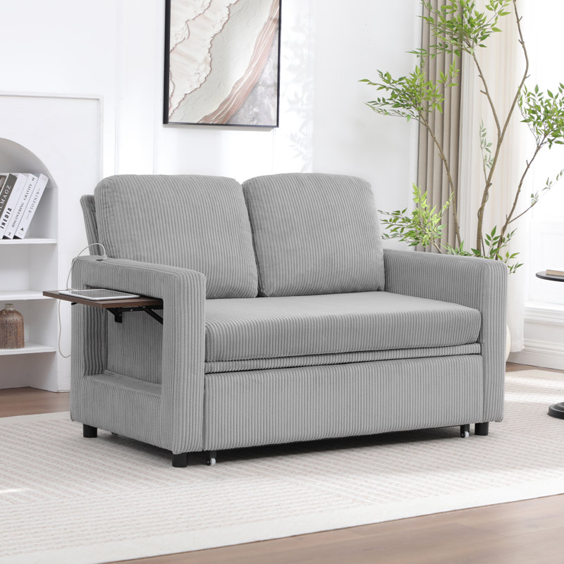 Upholstered Convertible Sleeper Sofa featuring USB Ports and Side Pocket, Light Gray Corduroy