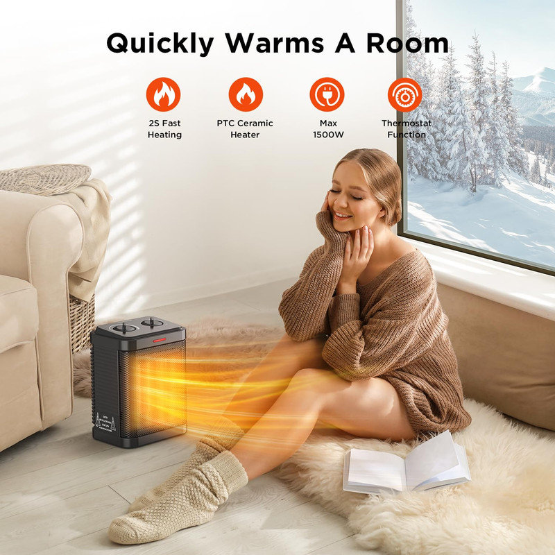 Small Space Heater, Portable 1500W Ceramic Space Heater for Indoor Use, Overheated & Tip-Over Safety Protection, Personal Electric Space Heater with Thermostat for Desk, Office, Home, and Room Use