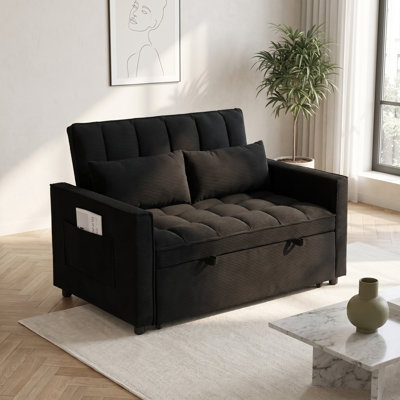 Canapé-lit convertible 52 po en velours côtelé noir, causeuse escamotable avec poche latérale, mousse à mémoire de forme haute densité à structure en bois massif