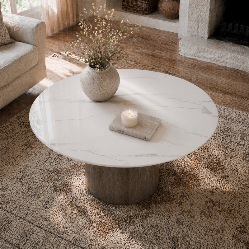 Meranda Round Stone Coffee Table With Walnut Solid Wood Pedestal For Living Room & Home Decor, 17.4" H x 41.73" L x 41.73" W