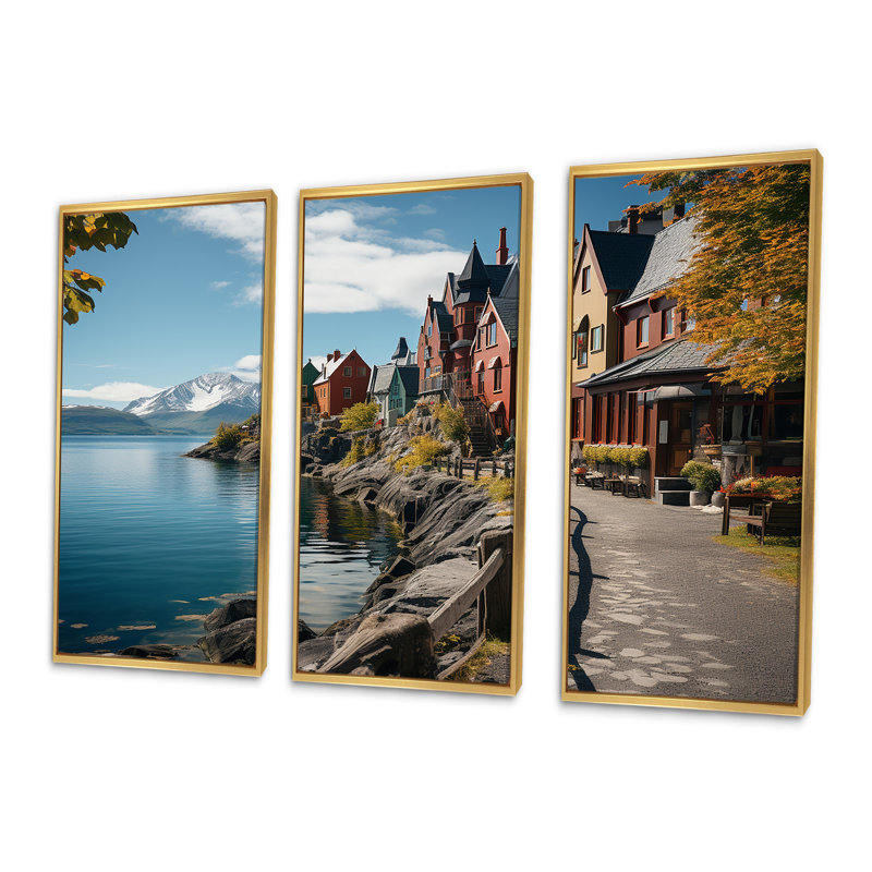 Allemagne, ville d'Aalesund au bord du lac - Allemagne, art mural, Cadre flottant doré, H 28 po x l 36 po x P 1 po