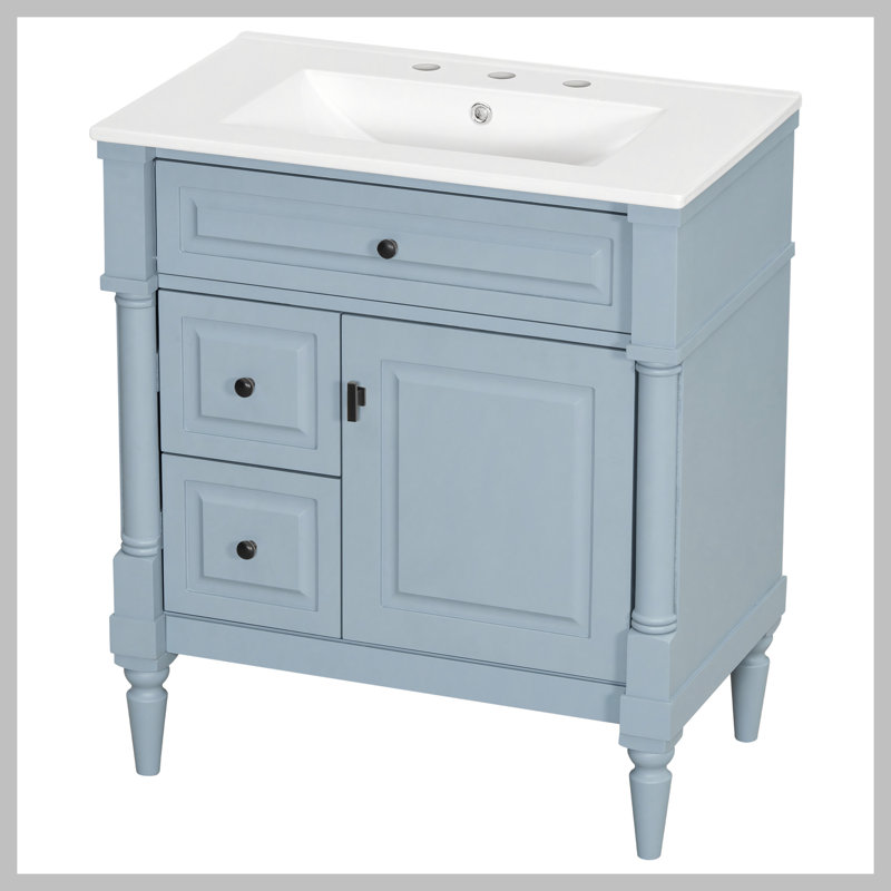 Meuble-lavabo de 30 po avec lavabo, armoire de salle de bain autoportante blanche avec tiroir rabattable et tablette réglable, structure en bois d'hévéa massif, panneaux de fibres à densité moyenne et poignées en métal