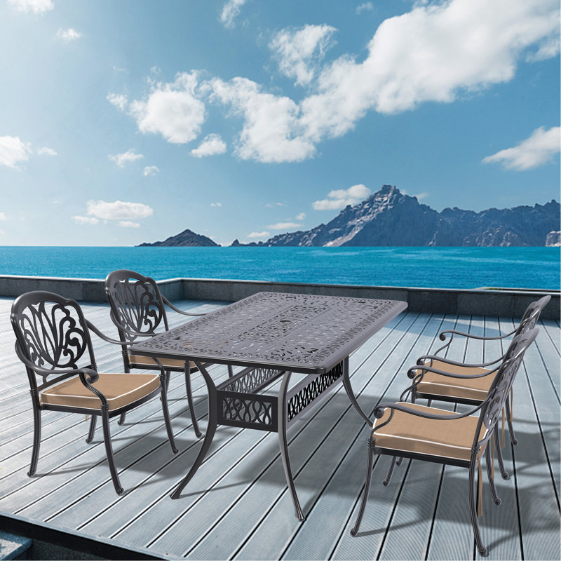 5-Piece Set Of Cast Aluminum Patio Furniture With Brown Cushions, 4