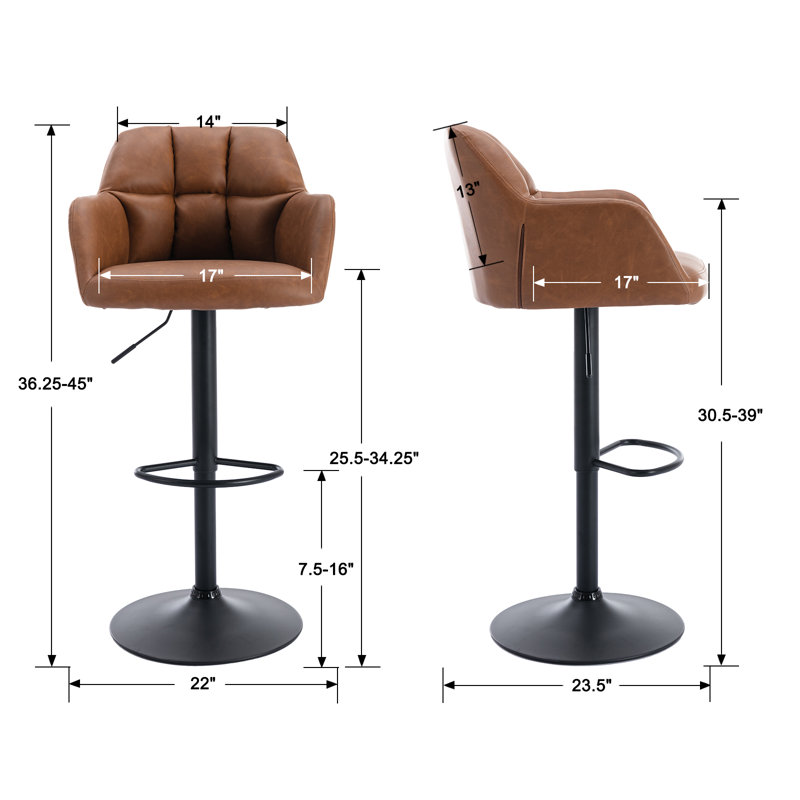 Adjustable Brown Leather Swivel Bar Stools with Metal Base