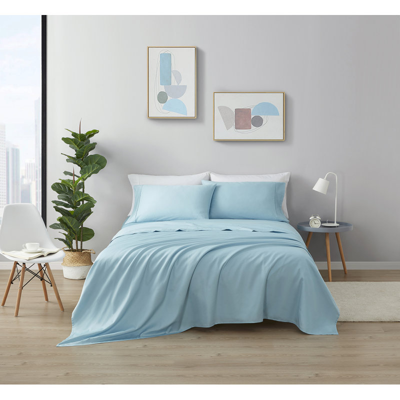 Ensemble de draps en satin 100 % coton d'une contexture de 400 fils, Aigue-marine, Simple