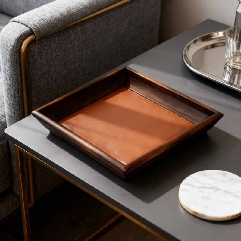Solid Walnut Wood And Leather Tray - Stylish Home Decor Organizer For Remote Controls, Keys, And Essentials - Nordic Inspired Minimalist Desktop Storage Solution