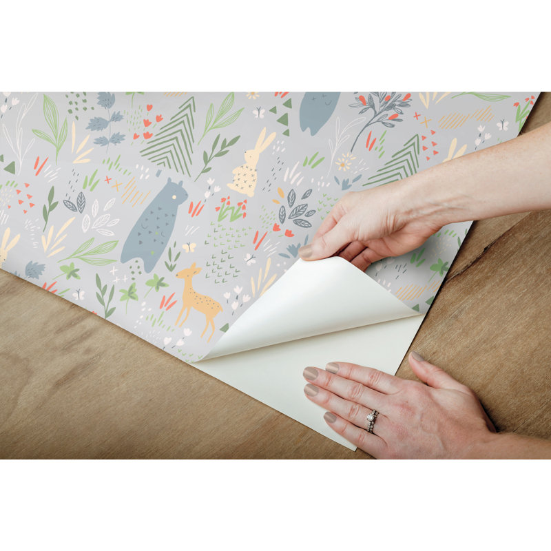 Rouleau de papier peint autocollant Spring Forest Pals L 18,86 pi x l 18 po, Gris / bleu