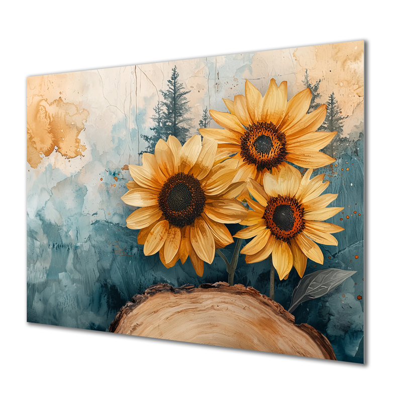 Aquarelle, tournesols, jardin, forêt, diapositive, H 12 po x l 20 po