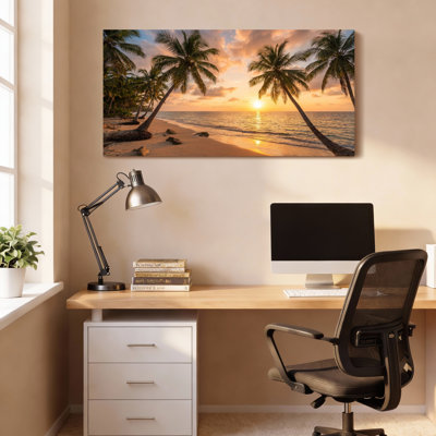 Ensemble de 1 tableau sur toile tendue représentant un coucher de soleil sur une plage tropicale avec des palmiers