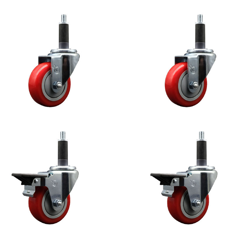 Ensemble de roulettes extensibles pivotantes en poly sur roulettes 2 freins SCC PLB 3,5 po x 1 po, Rouge