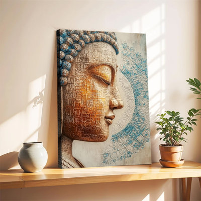 Peinture à l'huile mandala texturée et vieillie représentant le profil de Bouddha, grande toile tendue sur châssis pour salon ou chambre.