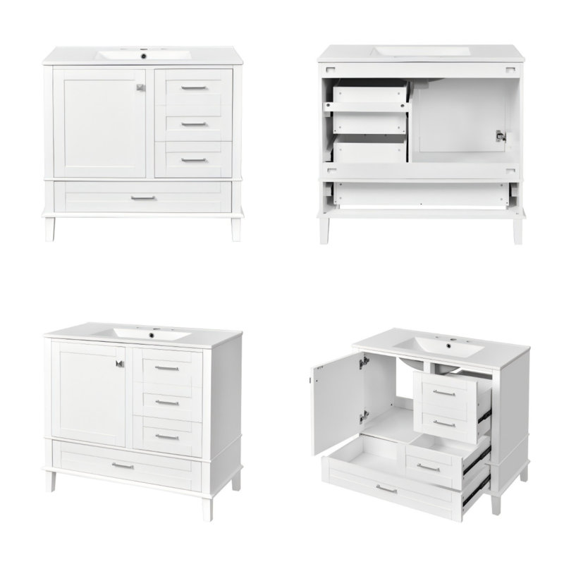 Meuble-lavabo moderne 36 po avec cadre solide, 1 porte à fermeture douce et 3 tiroirs, armoire de rangement moderne, Blanc