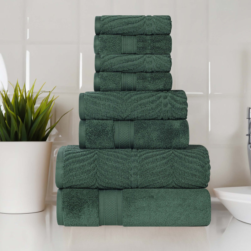 Alcesta Chevron Zero Twist Solid and Jacquard Cotton 8 Piece Bathroom Towel Set, Forest Green