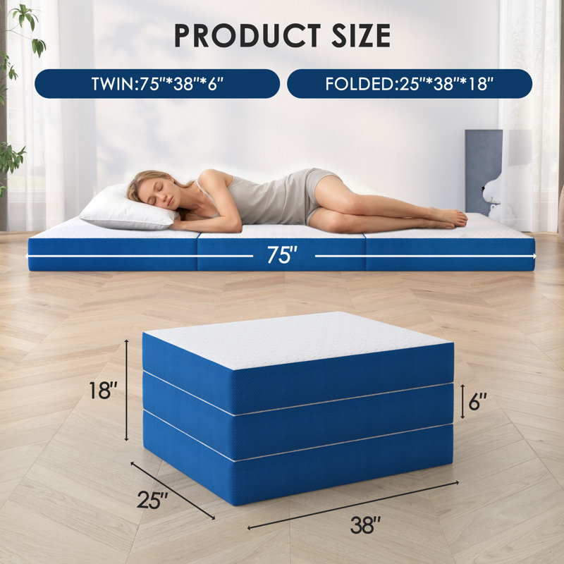 Matelas en mousse viscoélastique gélifiée de 6 po pour lit simple, pliable en trois avec housse amovible, Lit simple, 6"