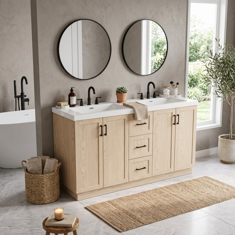 Meuble-lavabo double 59 po avec plateau en résine SMC et tiroirs divisés 59 po