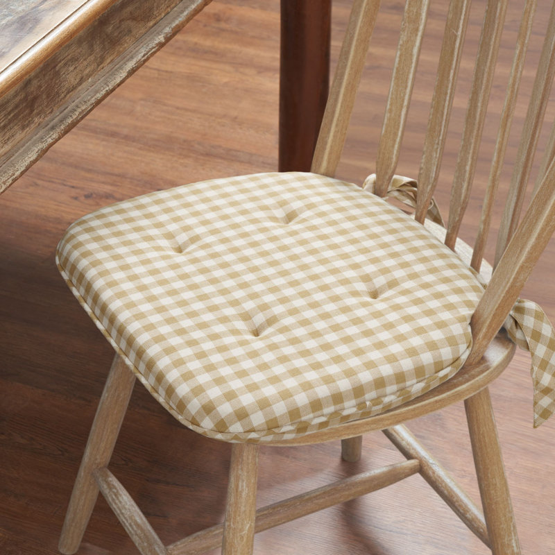 Golden Wheat Gingham Cotton Chair Pad - 15.5x17 Cushioned Seat Cushion - , Tan/Cream Checkered