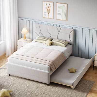 Trundle Bed Twin, Upholstered Platform Bed Frame, Pull Out Bed with Headboard, Wood Slat Support