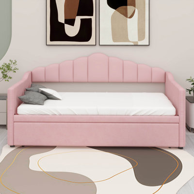 Upholstered Twin Size Daybed With Adjustable Height Pop Up Trundle And USB & Type-C Charging Port, 2 Side Pockets