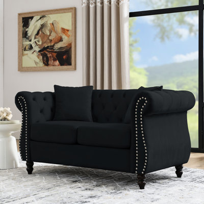 Velours noir pour chambre à coucher, salon - 58,8 po 2 places avec accoudoirs roulés, garniture cloutée, conception ergonomique, coussins pour se détendre au siège et au dossier, construction, diverses pièces