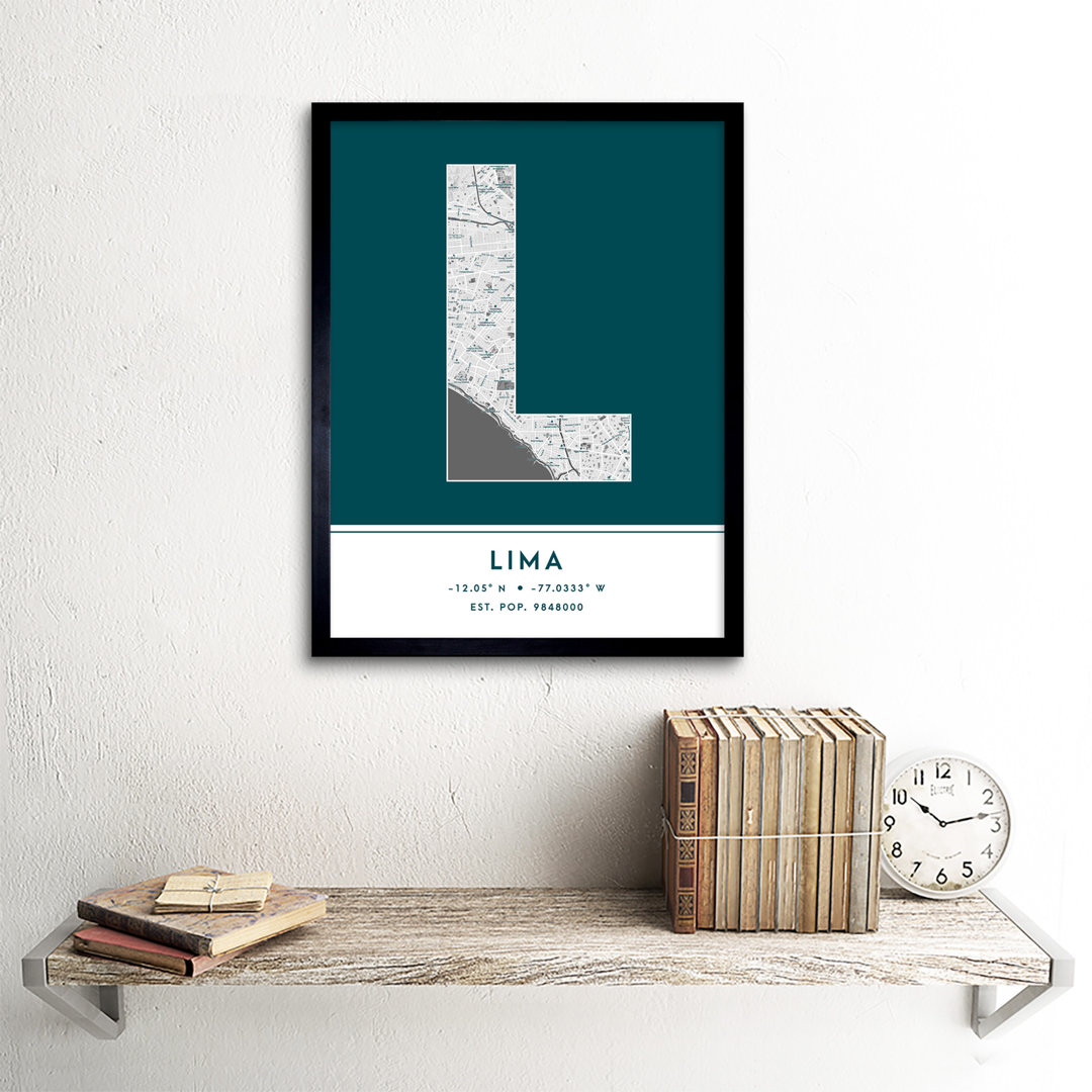 Lima City Map Lima Teal by Wee Blue Coo - Single Picture Frame Typography