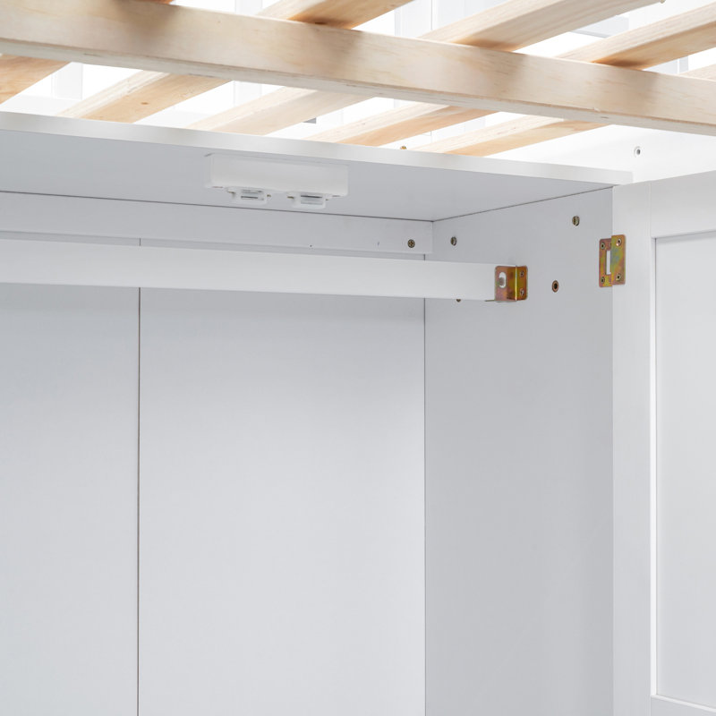 Lit mezzanine double avec bibliothèque, tiroirs, bureau et garde-robe - blanc, White