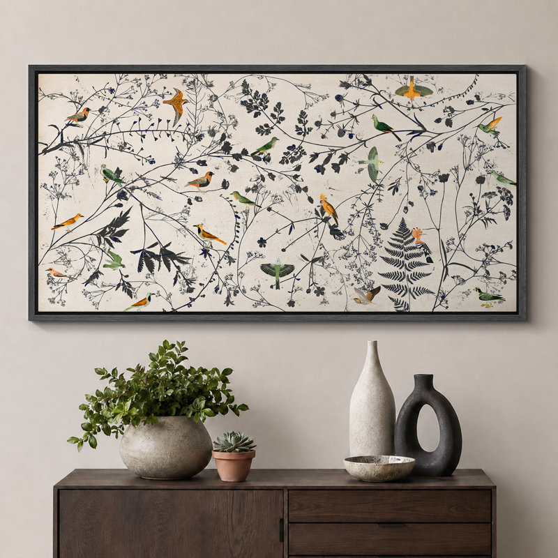 «Birds On Wildflower Plants Minimalist Modern Extra Large», reproduction d'art sur toile encadrée, H 30 po x l 60 po