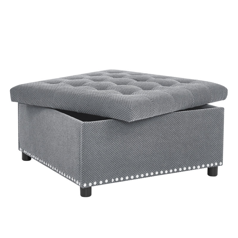 Storage Ottoman, Tufted Footstool, Nailhead Trim Ottoman, Light Gray