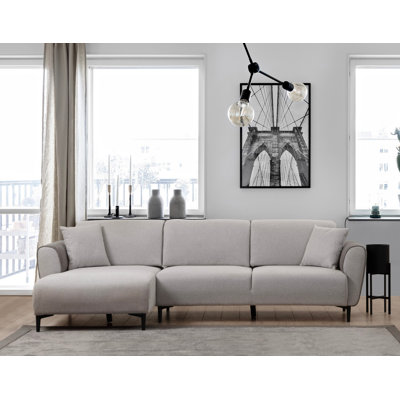 Stylish Corner Sofa-Bed, Grey Fabric, 59.1 x 102.4 x 33.5 inches | 100% Polyester Upholstery, Beech Wood & Chipboard Frame | Turnable Back Mechanism for Easy Conversion, Easy-Clean Design, Modern Living Room Essential