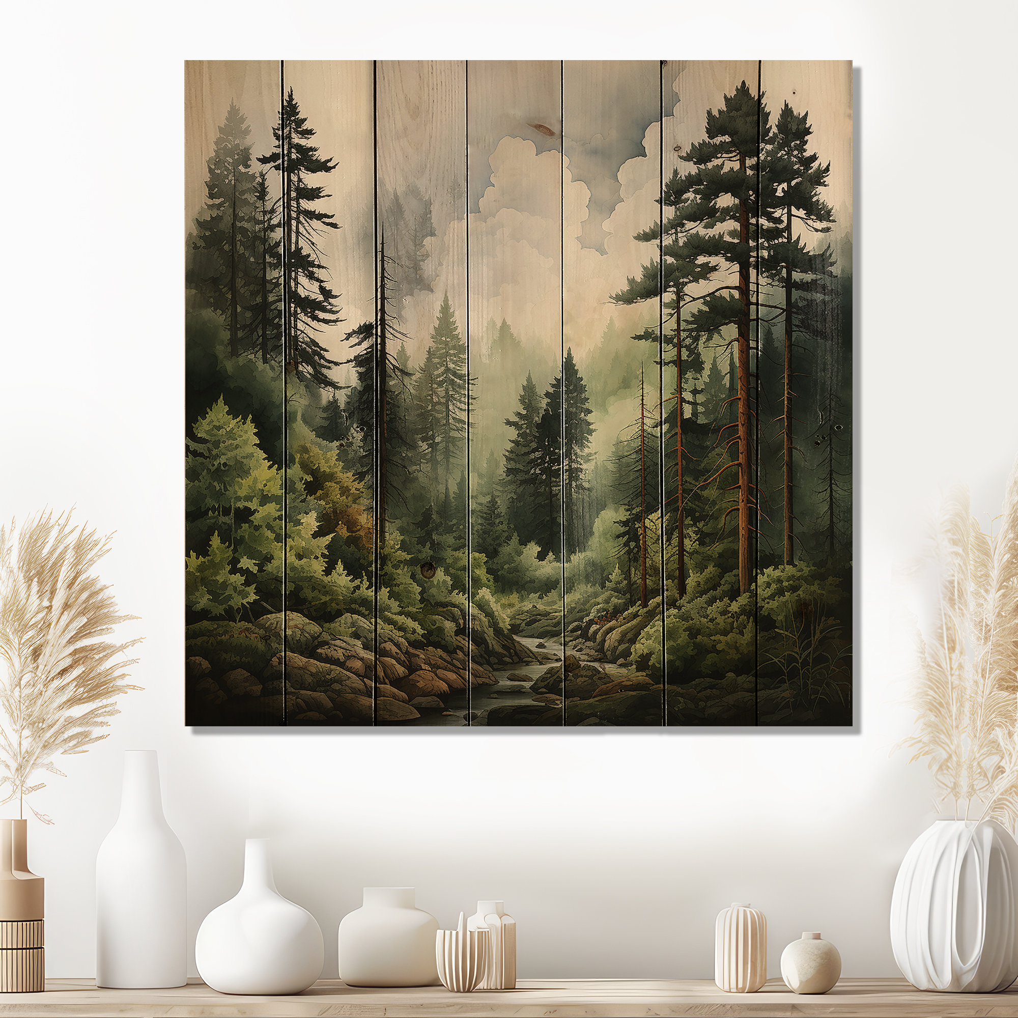 Millwood Pines Bricyn Pine Tree Forest On Wood Print | Wayfair